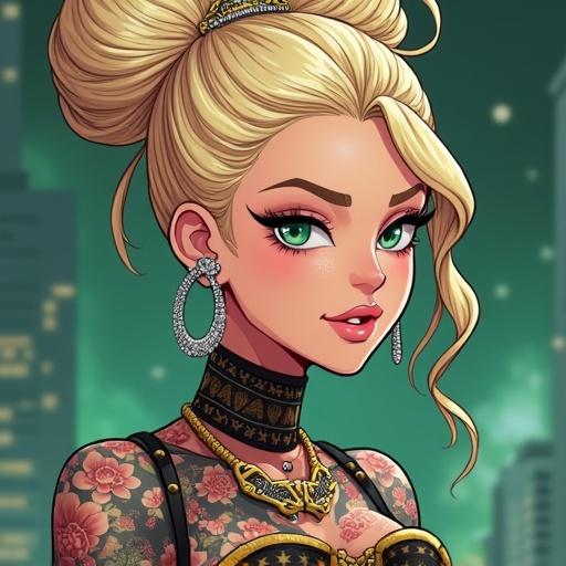 Anime character in a futuristic hip hop music video. Features an elegant light blonde French bun hairstyle. Has emerald green eyes and a beautiful face. Wears oversized edgy dress streetwear. Tattoos are colorful and traditional Japanese. Displays confidence as an A-list celebrity. Engaged in rapping and dancing with backup dancers.
