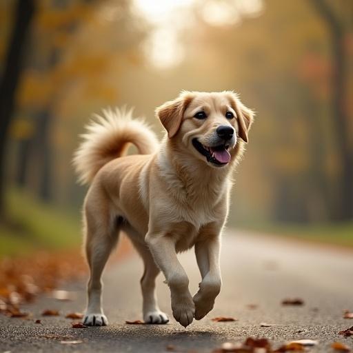 Realistic photo of a dog walking like a human on a path amidst autumn trees.
