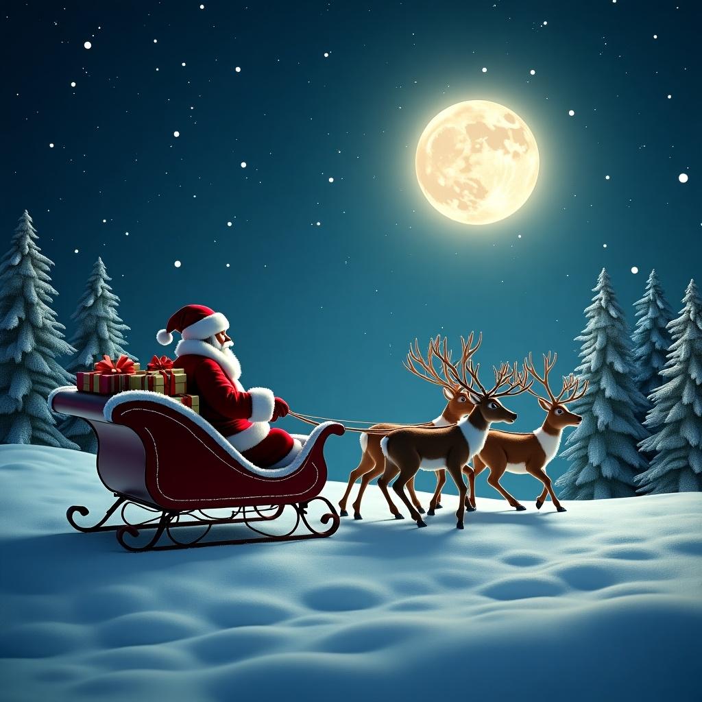 Realistic image of Santa driving a sleigh pulled by three reindeer in snowy landscape at night. Christmas trees are adorned. Moon shines with a halo. Stars fill the sky. Presents sit in the sleigh.