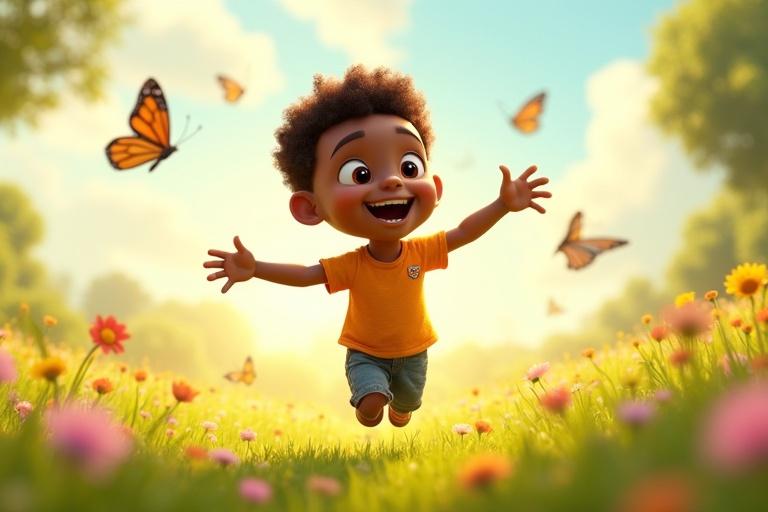 A 6-year-old chocolate-skinned boy spins with arms wide open in a sunlit meadow. Surrounding butterflies and blooming flowers. Pixar-style 3D animation. Vibrant colors. Joyful expression.