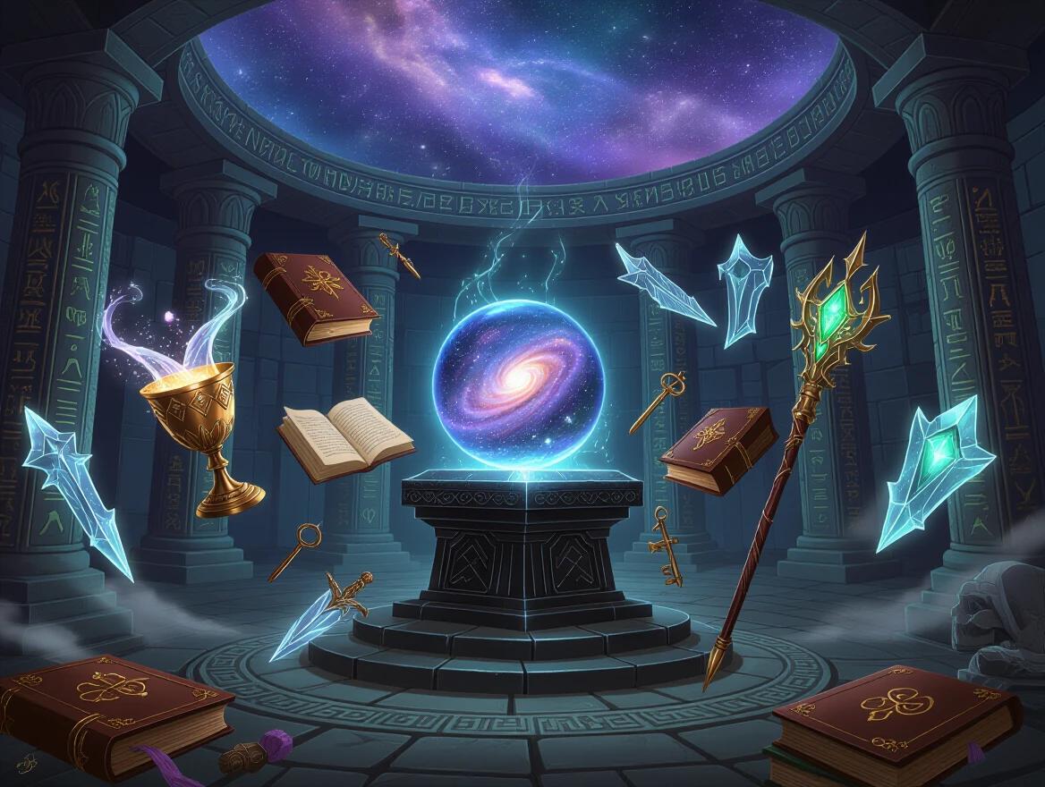 A digital painting depicting an ancient wizard's sanctum. Divine crystal orb hovers over an obsidian pedestal. Enchanted artifacts drift around. Chalice overflows with starlight. Leather-bound tomes have fluttering pages. Silver daggers feature glowing runes. Ornate brass keys shimmer with energy. Dragon-claw staff holds a glowing emerald. Spectral armor pieces hover. Circular stone chamber has towering columns. Hieroglyphs glow with luminescence. Ceiling features constellations. Ethereal mist and golden motes create luminescence.