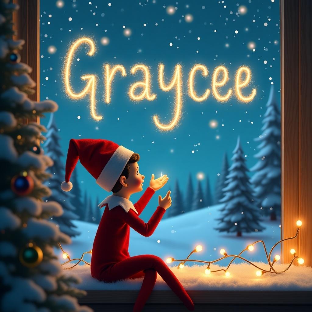 Elf character writing Graycee in the sky with a warm festive scene outside. Snow-covered trees surrounded by twinkling lights. Cozy atmosphere inside a room with holiday decorations.