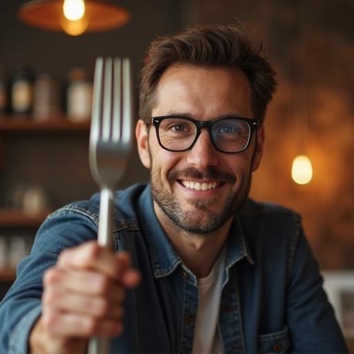 A man presents a fork while taking a selfie. The setting is rustic with warm lighting. The man looks engaged in a casual atmosphere.