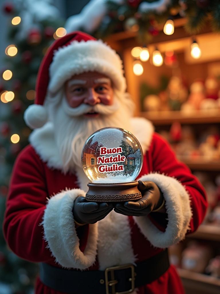 Christmas scene features Santa Claus in red and white suit holding a snow globe. Snow globe contains the name 'Buon Natale Giulia'. Background shows a toy shop with festive decorations and glowing lights.