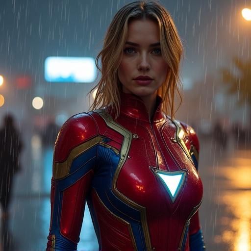 A woman wears a superhero fight suit in a wet setting. The fight suit shines with reflections from surrounding lights. The fabric appears damaged due to a recent battle.