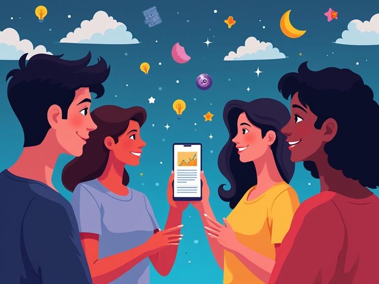 A diverse group of young people gazing at a phone displaying an educational video. Colorful visuals like lightbulbs, graphs, and science symbols float around them. The scene is uplifting and modern, illustrating learning through platforms like EduTok.