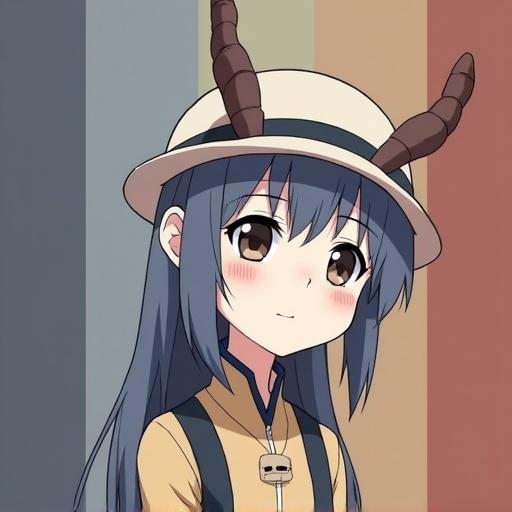 Anime character with dark hair wearing a hat with horns. Light background with a color palette of gray, tan, and red shades. Soft expression.