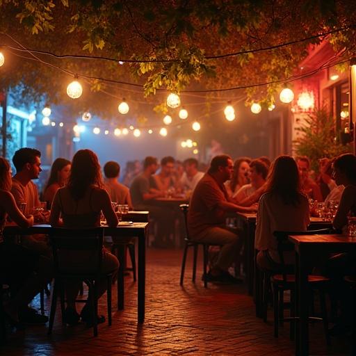 Informal party invitation design featuring lively atmosphere with people at tables drinking and socializing in a nighttime street bar setting.