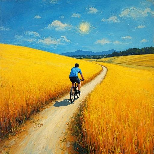A cyclist moves through vibrant golden fields under a bright blue sky. The scene captures the essence of motion and freedom, with a winding path leading forward. The texture of the fields enhances the feeling of energy and solitude.