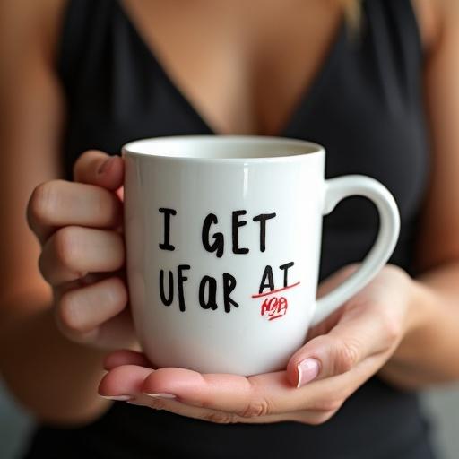 Lifelike image of a coffee cup. Text on the cup reads I GET UP AT FOR 6. Red line through AT. The cup is held by a beautiful woman.