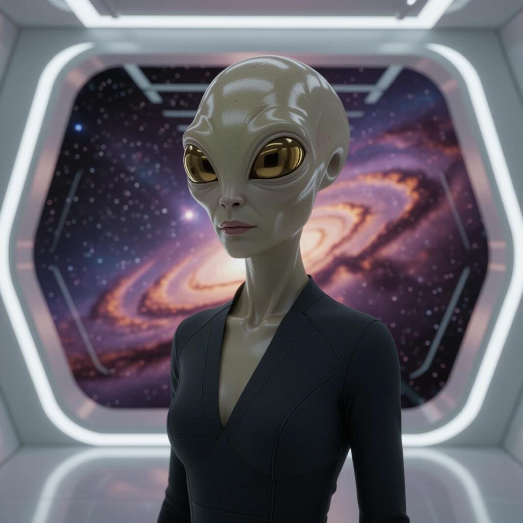 A full-body shot of an elegant extra-terrestrial being with a natural looking body standing in a futuristic minimalist room. The backdrop shows a vibrant nebula through a large window. The being wears high tech clothes and has a notable pose. The scene exhibits dramatic side rim lighting and a detailed hyper-realistic quality reminiscent of digital art.