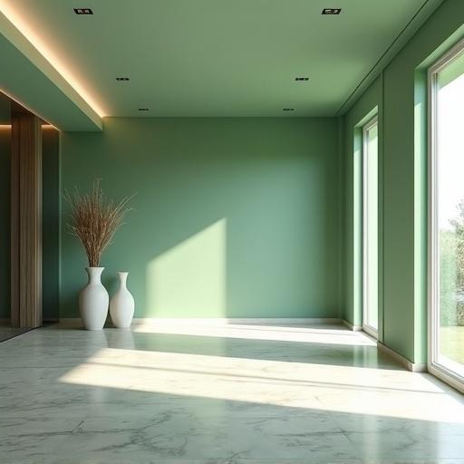 Luxurious high-end villa living room interior. Pistachio green accent walls. Elegant modern decor. Open uncluttered layout. Large window on the right side. Natural light pouring in. Stylish decorative vase on the left side. Sophisticated airy contemporary design.