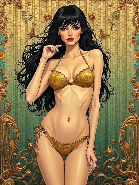 Artistic representation of a woman in a glittery bikini. Background inspired by Art Deco architecture. Strong elements of surrealism and a vertical layout. Combine watercolor and metallic textures. The image evokes nostalgia and glamour. Whimsical and shiny elements are prominent. Stunning focus on the figure adorned with an intricate bikini. Utilize hues of deep lime and beige.