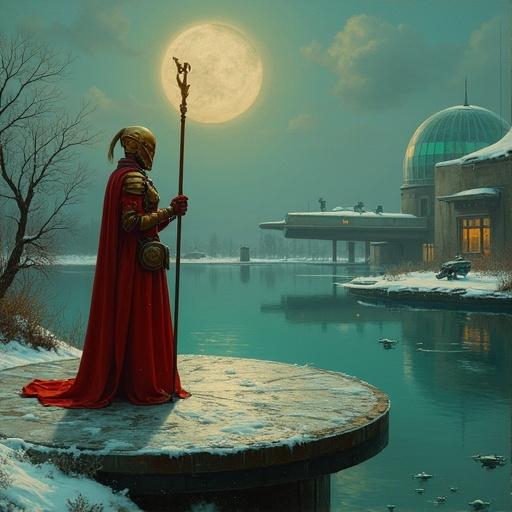 Highly detailed oil painting in Vermeer style. Winter night under moonlight. Large round platform hovering over ground near tranquil lake. Woman in red and gold armor holding powerful staff stands on platform. Robot guards nearby. Ultra-modern research center with dome in background. Dome surrounded by green transparent force field. Futuristic house on other side of lake. Large floating structure in lake with drones landing and taking off. Command center run by robots at center. Large dark green metal surface with robot arms upgrading Iron Man suit on right edge. Drones casting red beams into water.