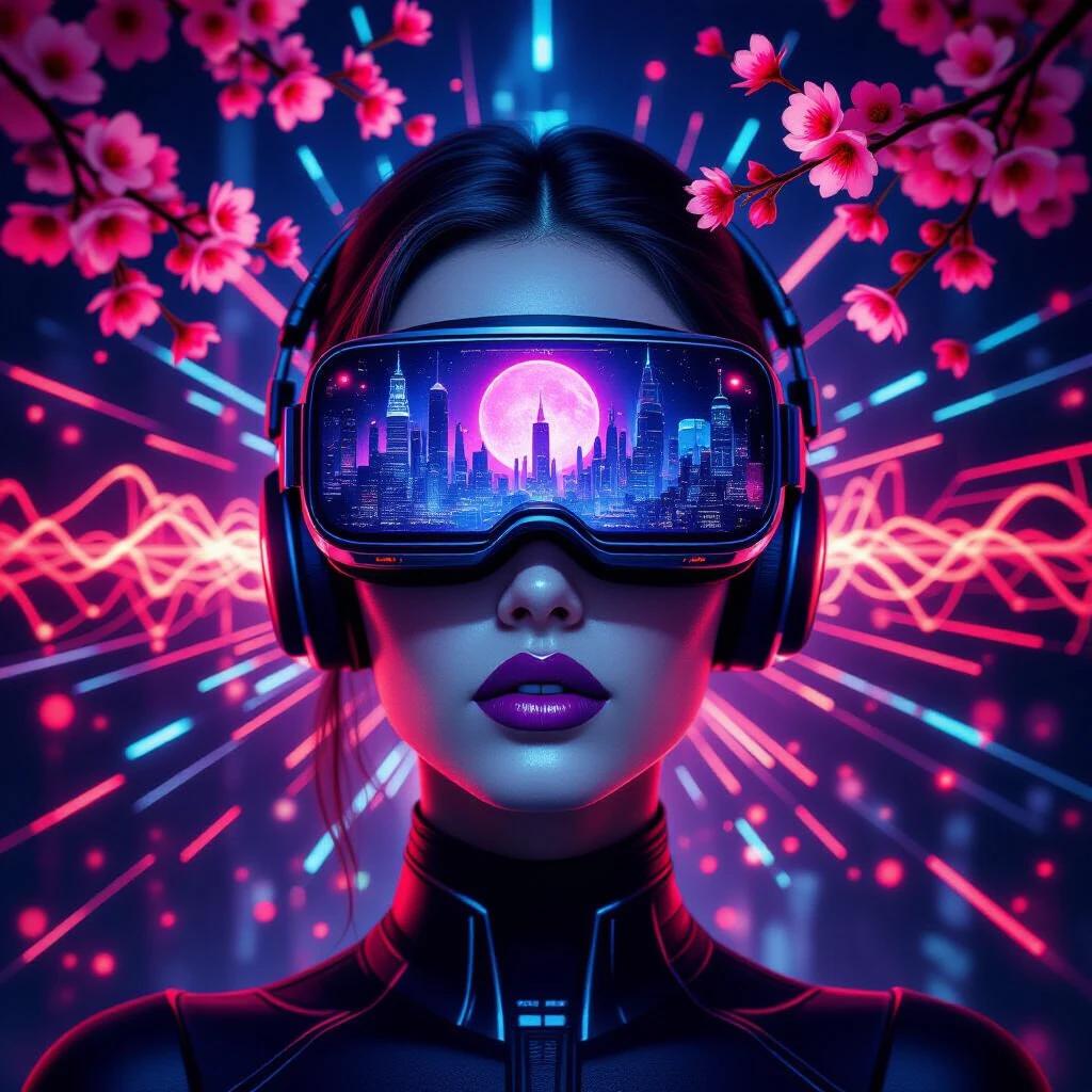 A digital art portrait features a futuristic woman. She wears high-tech VR goggles. The goggles show a glowing cityscape. Skin has a pale blue tint. Lips are dark purple. Cherry blossoms frame the image. Energy lines radiate outward. The background has sparkling particles. The suit has metallic details. The lighting is dramatic with neon colors.