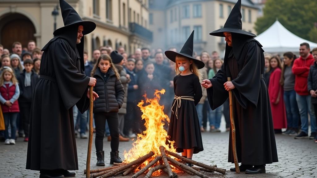Child in witch costume tied to wooden pole. Actors in inquisitor outfits surround her. Crowd watches during theme festival. Everyone shouts humorously while actors pretend to light fire. Girl's sister approaches claiming she is a witch too.