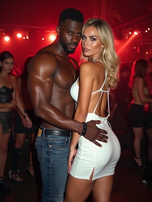 A couple poses in a nightclub. The woman wears a white bodycon mini skirt with straps. The man stands close with a muscular build. Low-light atmosphere full of clubgoers is in the background.