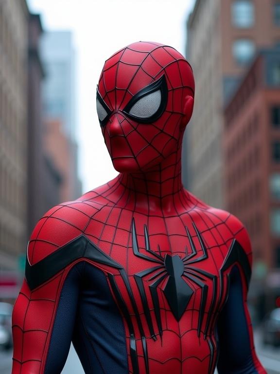 Spider-Man stands in an urban environment of New York City. He wears a detailed and vibrant costume featuring red and blue colors. City buildings form a backdrop.
