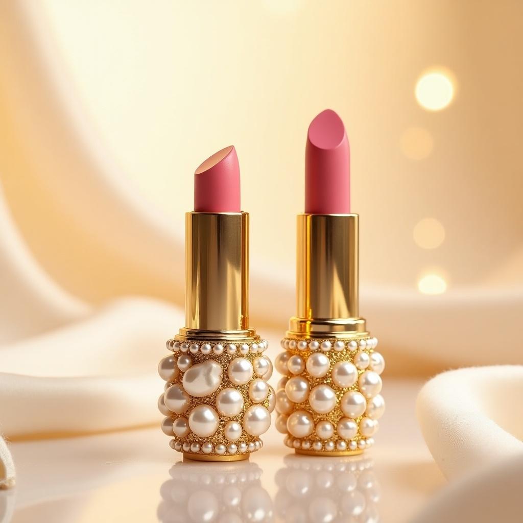 Luxurious lip balm in ornate gold container adorned with pearls. Soft pink lip color visible. Set against creamy backdrop with warm bokeh lighting. Visual appeals to beauty enthusiasts seeking glamour and quality.