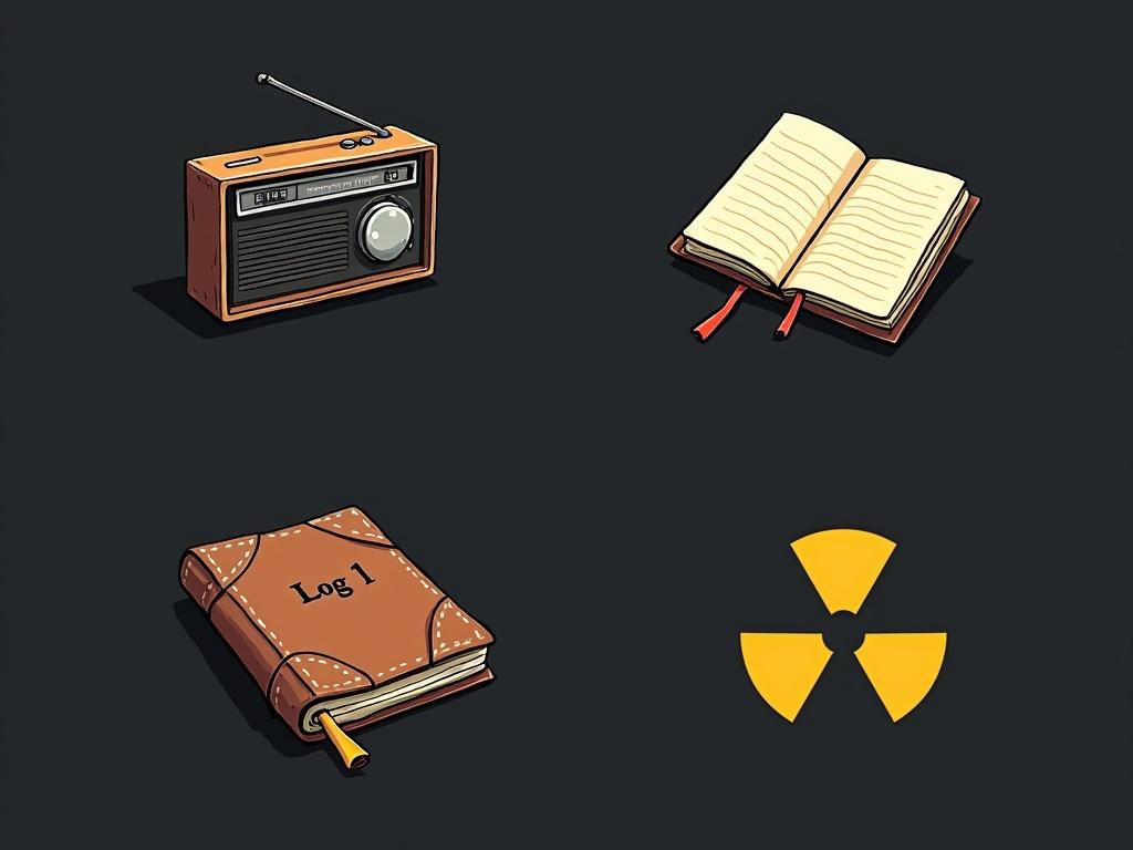 Design elements featuring an abandoned radio an old radio on a dark background a worn leather notebook with Log #1 a character silhouette looking at rubble a radiation symbol to represent disaster themes