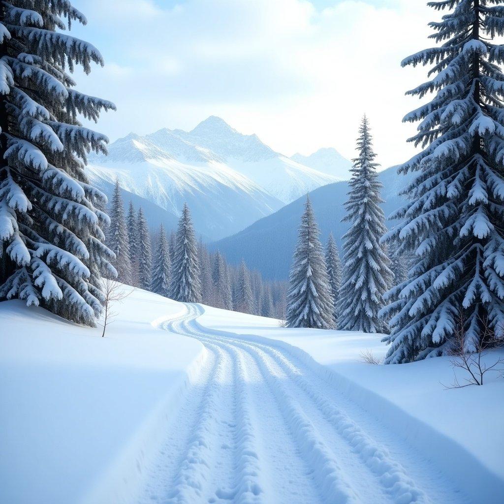 This image captures a serene winter landscape featuring snow-covered trees and distant mountains. A winding path leads through the snow, hinting at the adventure that awaits. The scene is tranquil, with a soft overcast light casting a gentle glow. The foreground shows clear tyre tracks, suggesting previous visitors have enjoyed this beautiful setting. This picturesque view evokes feelings of peace and the beauty of nature in winter.