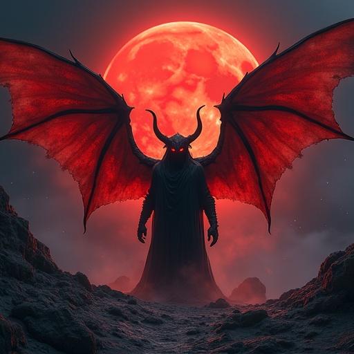 Demonic figure with large red wings and horns stands in a rugged landscape. A glowing red moon illuminates the dark sky. The creature has glowing eyes in this otherworldly realm.