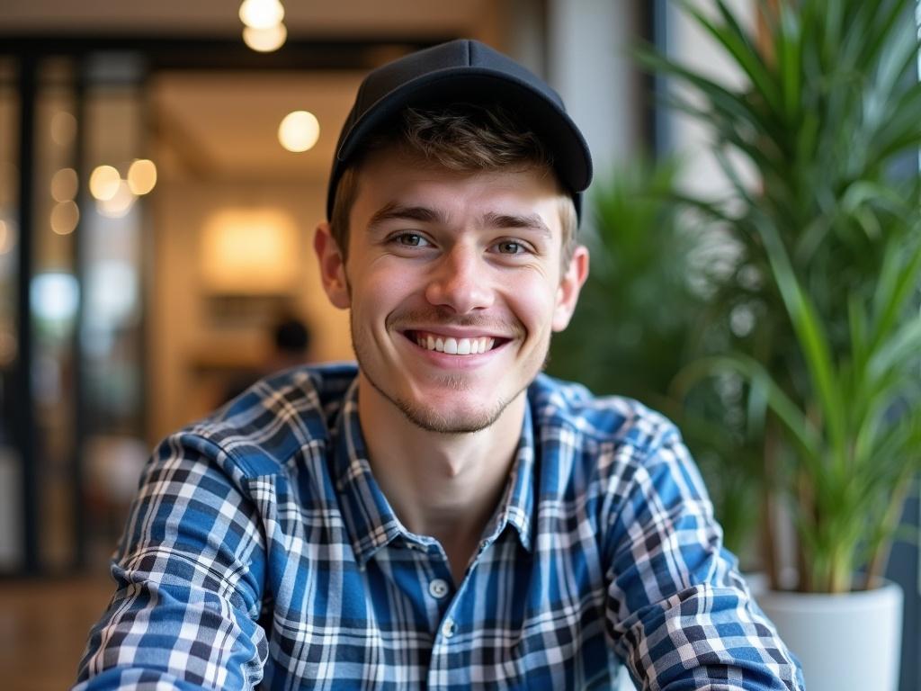 A young man is seated in a casual setting, wearing a blue and white checkered shirt, with a relaxed posture and a friendly demeanor. His black cap sits atop his head, complementing his casual attire. The background features a modern shopping area with soft lighting, showcasing a large glass window illuminated by a warm glow, along with lush green indoor plants that add a vibrant touch. The composition focuses on his upper body and face, creating an inviting atmosphere.