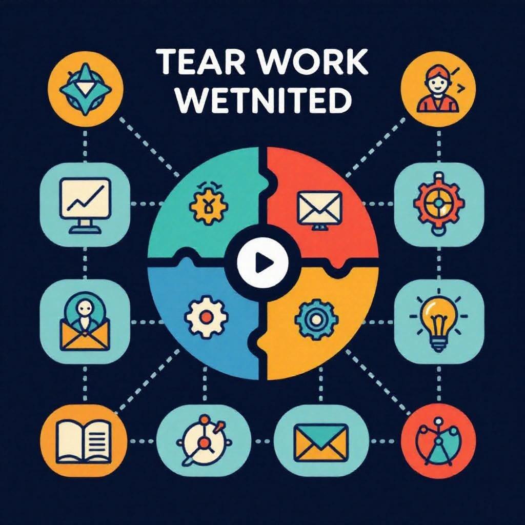 An icon set designed for a teamwork oriented website. Includes 16 different icons that comply with Atlassian design guidelines and branding. Features a circular layout with a play button in the center and vibrant colors.