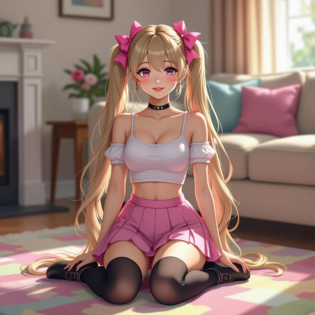 A young teen with long blonde hair in twin tails. She wears pink bows. She kneels on a colorful rug in a softly lit living room. She has a short crop top and a pink skirt. Thigh-high socks and black shoes complete her look. The image captures a flirty smile.