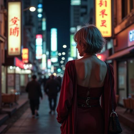 A sexy older woman walks through the Kabukicho district in Tokyo at night. She wears a stylish red dress and has short hair. The street is filled with neon lights and people in the background. The atmosphere is vibrant and lively.