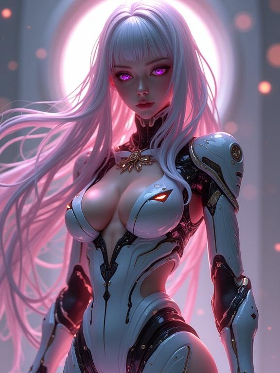 A curvy feminine Mecha character with flowing long hair poses elegantly. She has cyberpunk mechanical limbs and deep purple eyes. The character features flawless skin and glamorous fashion in an Anime style. The artwork is ultra-detailed and photorealistic, rendered in 8K resolution. Studio lighting creates a dramatic atmosphere with a Bokeh background. The design incorporates intricate details reminiscent of the works of noted digital artists.