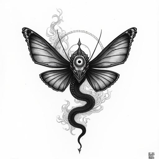Tattoo sketch of a cobra head with moth wings. Third eye is on the forehead. Design is symmetrical and detailed. Black outlines only. Style is mature and serious resembling East Asian ink illustrations. Background is white.