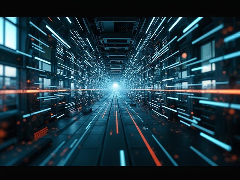 A glitch art effect distorts a futuristic interface. The image shows a long corridor filled with neon lights. The corridor features various technology elements. It has a perspective that leads to a bright light. The color scheme is dominated by blue and red tones.