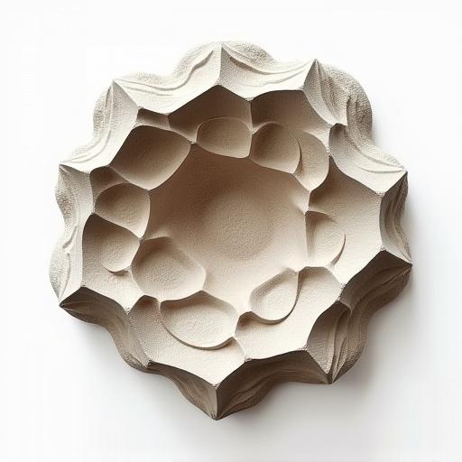 Illustration on a white background featuring a bold organic form. The form has a dense center with subtle irregularities around the outer edges. Inspired by natural erosion patterns.