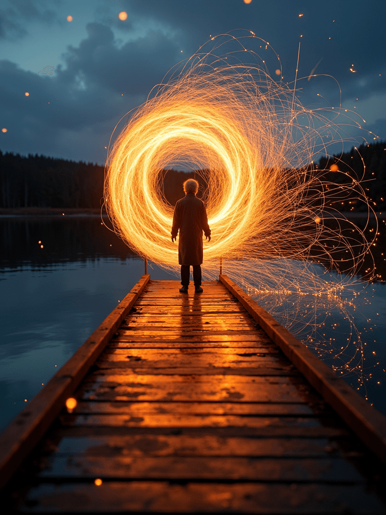 A person stands on a pier surrounded by swirling fiery light trails at dusk.