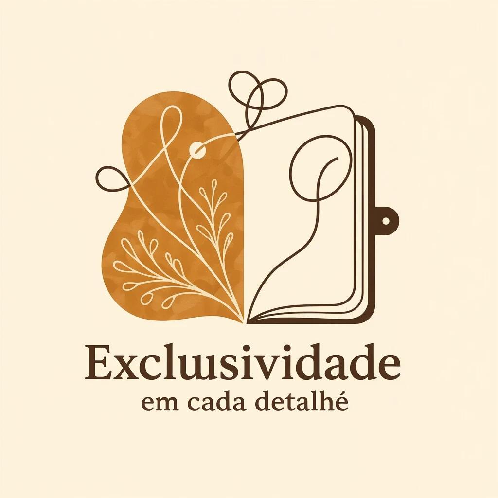 Abstract logo design representing a handmade bookbinding brand. Features shapes and lines suggesting bookbinding elements like thread and stitching. Incorporates warm color tones. Includes phrase 'Exclusividade em cada detalhe'. Designed for digital and print applications. Evokes exclusivity and craftsmanship.
