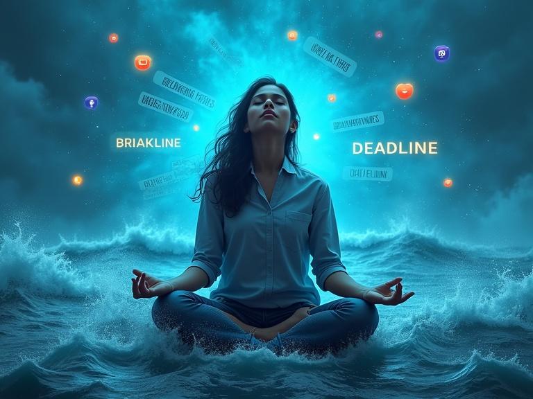 A young Indian journalist sits in a yoga pose with eyes closed and serene expression. Around her, a chaotic stormy sea rages with crashing waves. Floating words symbolize her stress. Despite turmoil, a calm blue aura radiates from her, creating a protective sphere. The image blends realism with surrealism, highlighting contrast between peace and chaos.