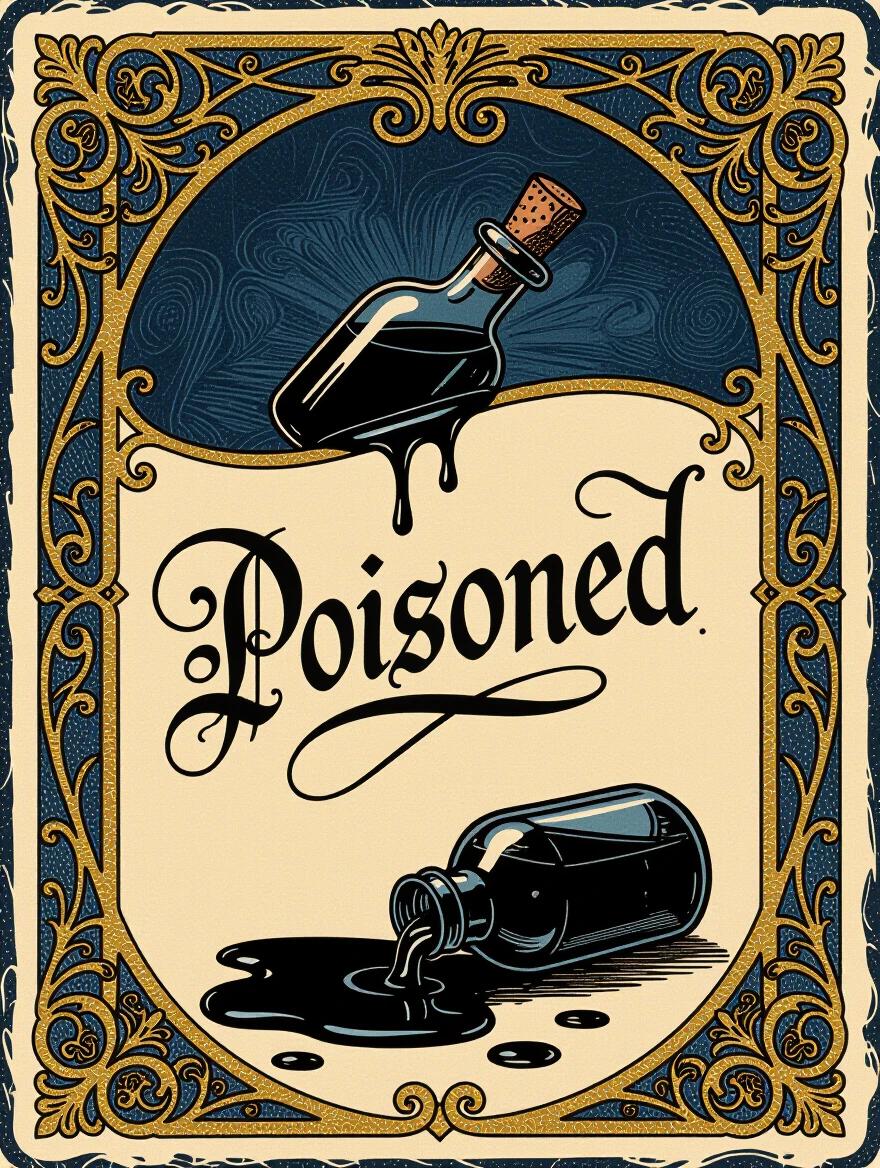 An ornate and ominous card features the word Poisoned in dark calligraphy. The color scheme includes dark blue and gold. There is a dark theme throughout the design. A spilled bottle with black liquid is present in the background, enhancing the ominous tone.