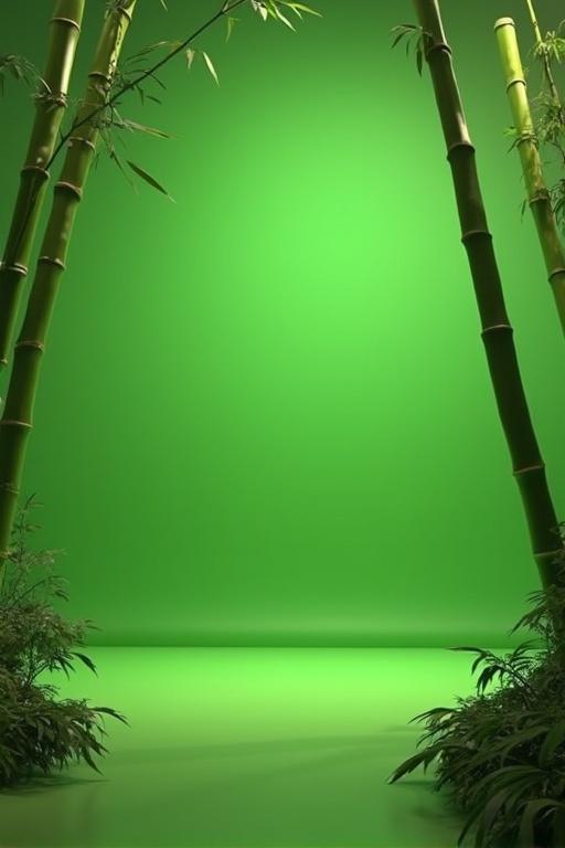 3D animation greenscreen with bamboo and vibrant green background