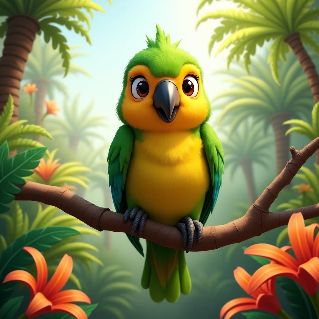 a cute cartoon green parrot with yellow belly sitting on a branch surrounded by tropical foliage and flowers in a sunlit jungle