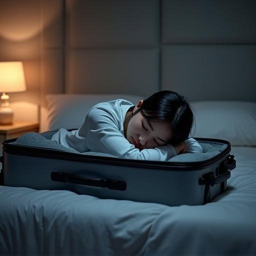 Photograph of woman inside gray suitcase in bedroom at night. Woman wears pajamas and hugs her knees. Scene lit by bedside lamp.