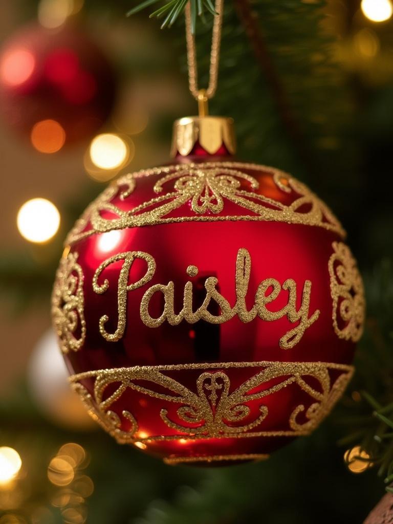 Beautiful Christmas bauble in close-up. Red ornament decorated with gold patterns. Name 'Paisley' prominently displayed. Soft, blurred festive lights in background.