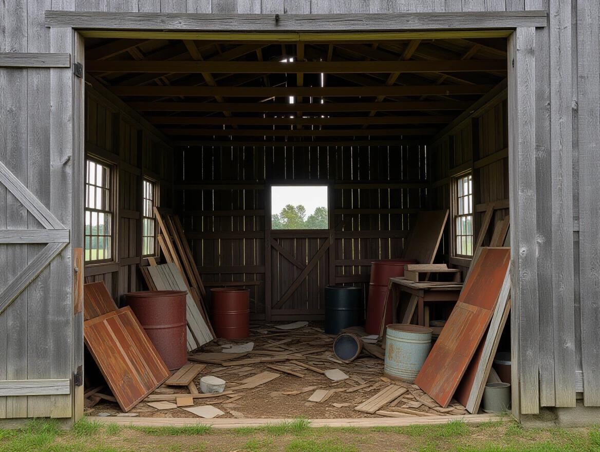 Inside view of an old clapboard barn built in 1890. The barn is dark and windowless. Junk is scattered around the floor. There are wooden beams and planks, barrels, and rusty metal containers. An open door lets in light, revealing a grassy exterior.
