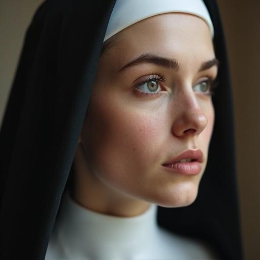 Closeup shot of a nun with short hair wearing a black habit. Focus on the details of the habit and the expression of the nun. Soft lighting enhances the serene atmosphere. The image conveys a sense of peace and devotion.