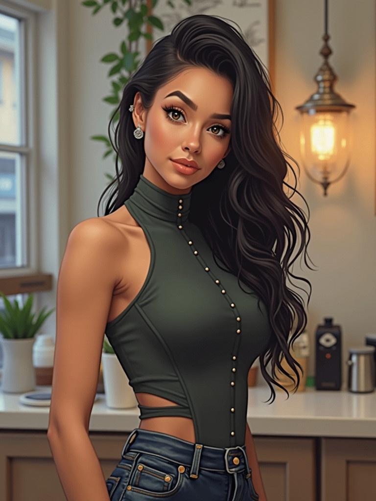 A stylish model wears a chic green bodysuit. The outfit features buttons and cut-out details. The model has long flowing hair. The background is a cozy indoor setting with warm lighting. The photo captures elegance and modern fashion.