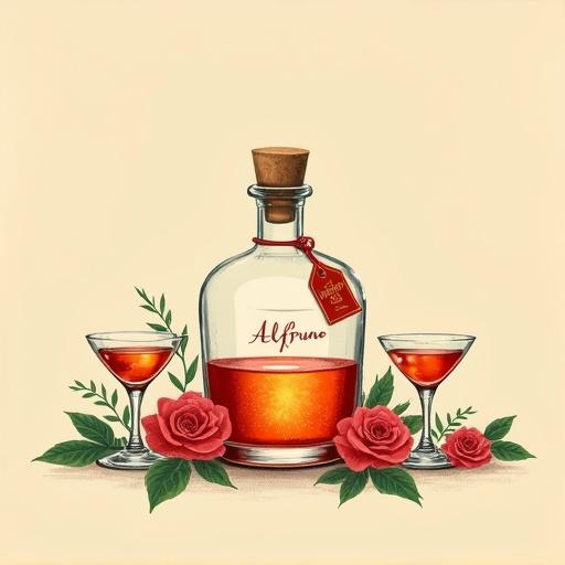 Minimalist artwork displaying a liqueur bottle with a cork lid. Bottle glows golden-red, labeled 'ALFRUNO'. Two cocktail glasses beside it. Surrounded by roses and herbs. Soft beige background. Clean, bold strokes and simple design.