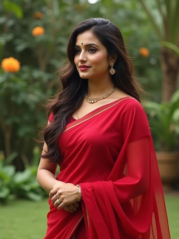 Woman in a garden wearing a red saree. Long hair and earrings. Smiling with confidence. Soft lighting and green background.