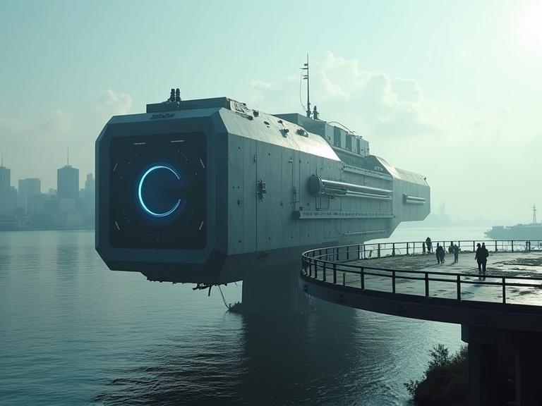 Cinematic view of a huge sci-fi mechanical structure on a platform by a river with a city skyline. A blue glowing detail on the structure creates a focal point. Small figures stand on the platform by guard rails, surrounded by mechanized parts and details against a cloudy sky.