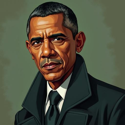 A stylized portrait of a figure resembling Barack Obama with elements reminiscent of a masked hero in a dramatic pose.