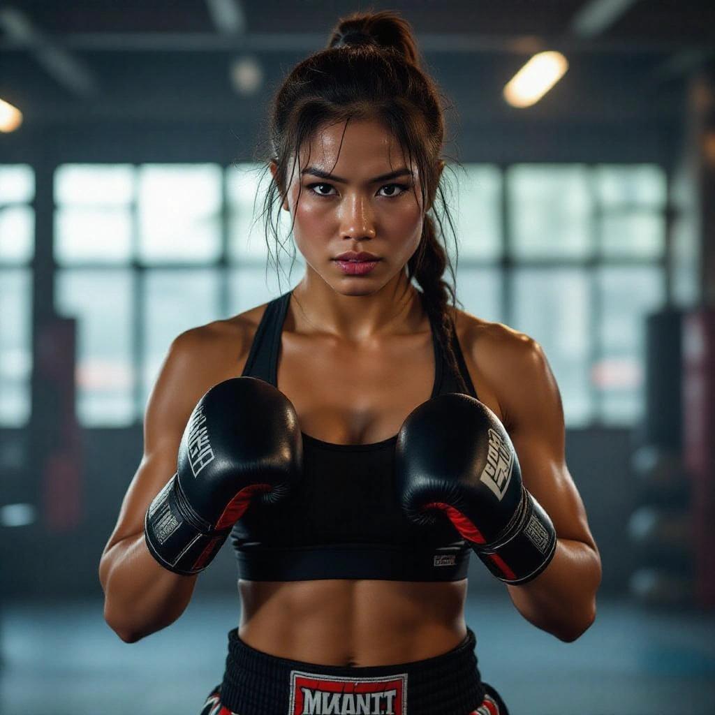 A female Muay Thai fighter stands ready to fight. She has a captivating expression, focused and engaged. The setting is a gym with a strong emphasis on her athleticism and readiness.